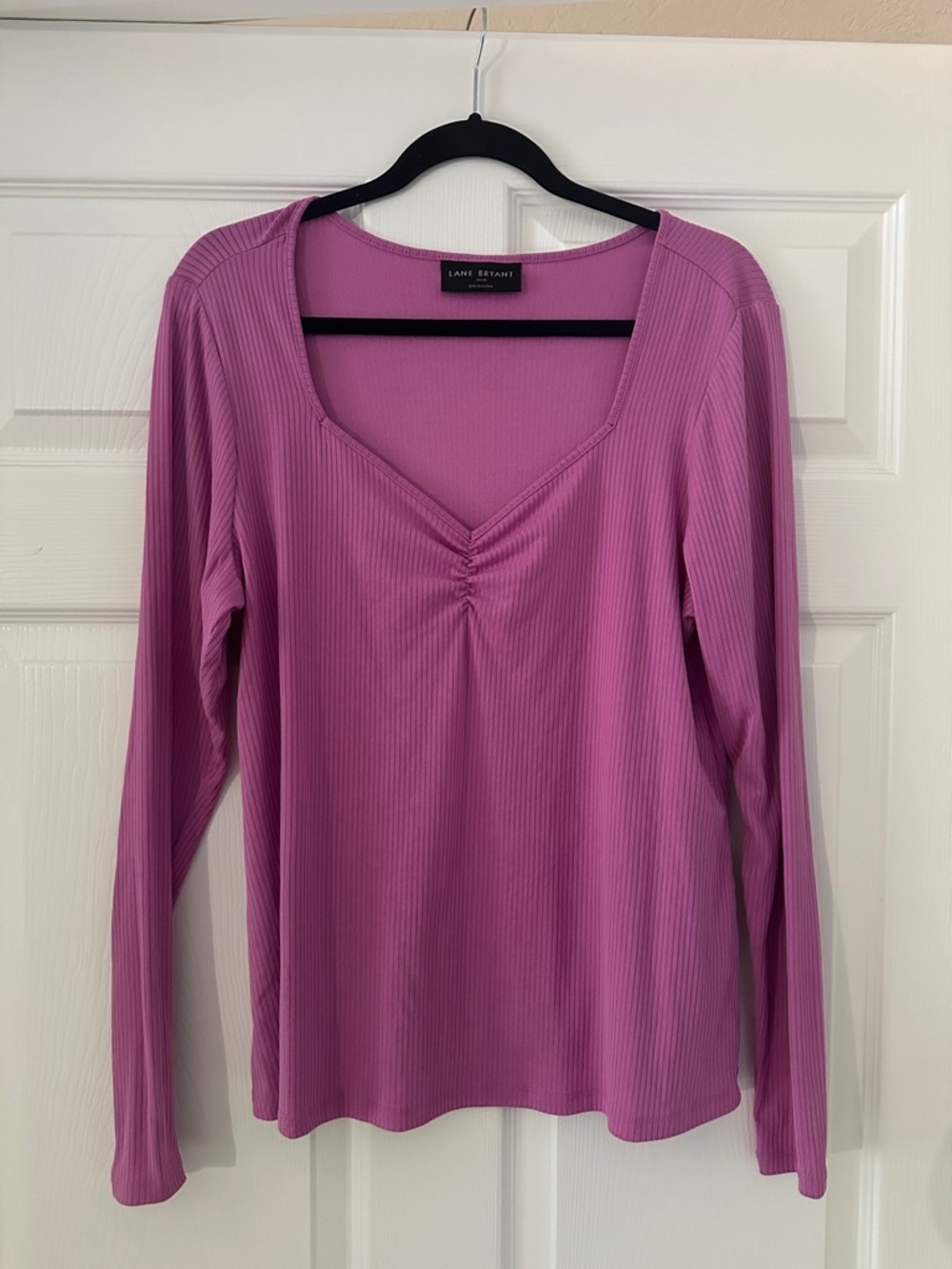 Lane Bryant Mauve-Pink Ribbed V-Neck Long Sleeve Top